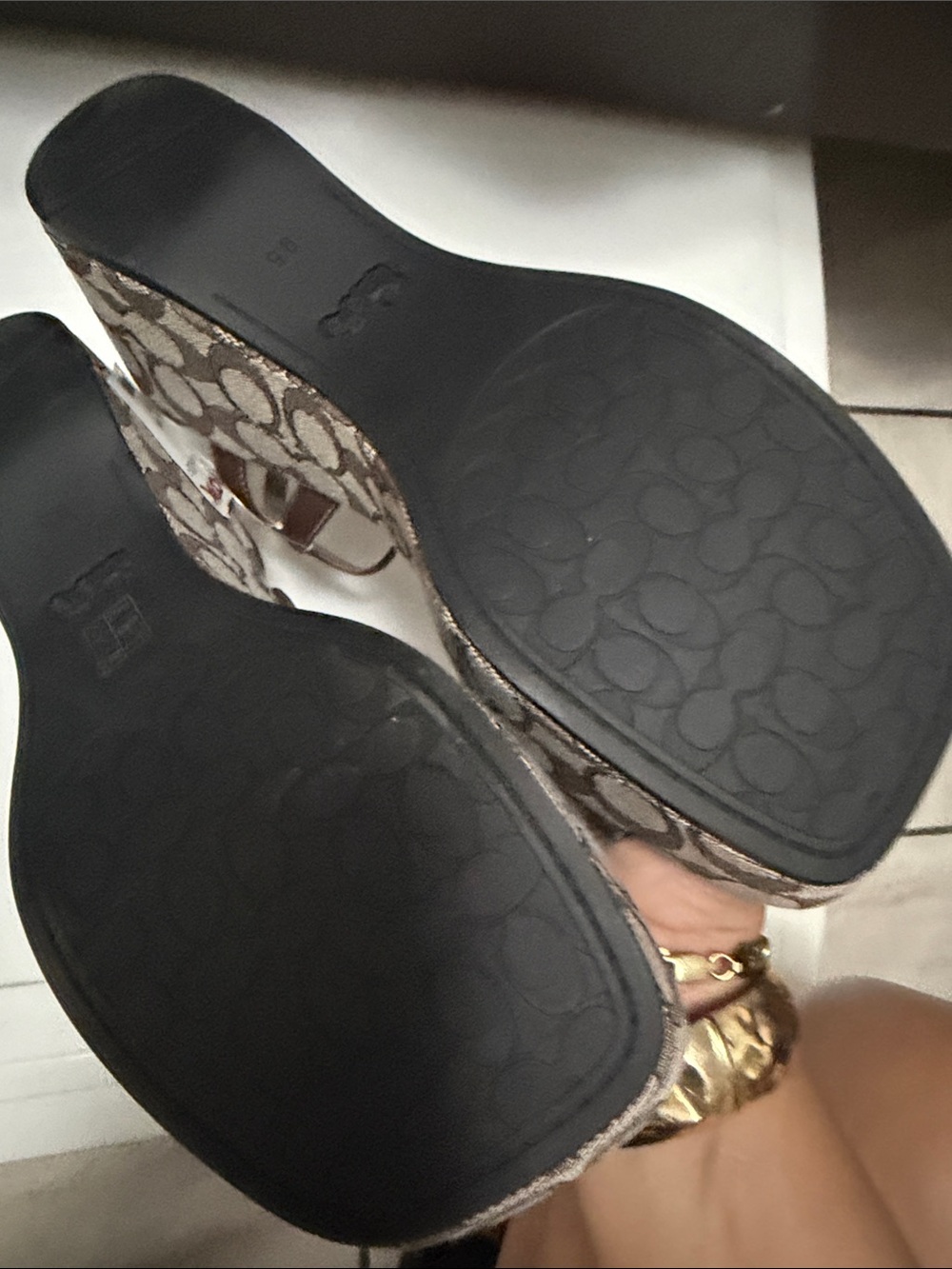 Coach Brown & Cream Signature Canvas Wedge Sandals - Picture 5 of 5